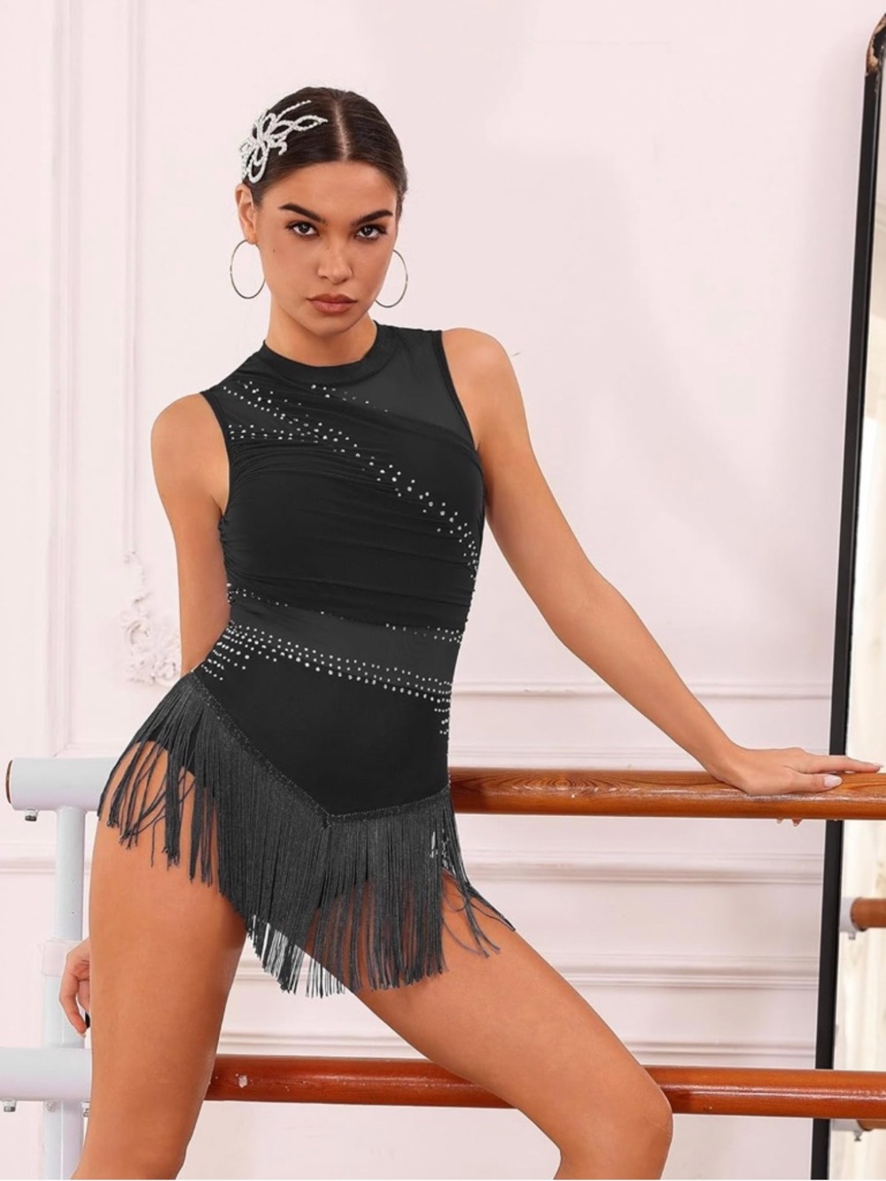 Rhinestone Fringe Leopard Bodysuit Sparkly Tassel Rave Romper Dance Small NWT